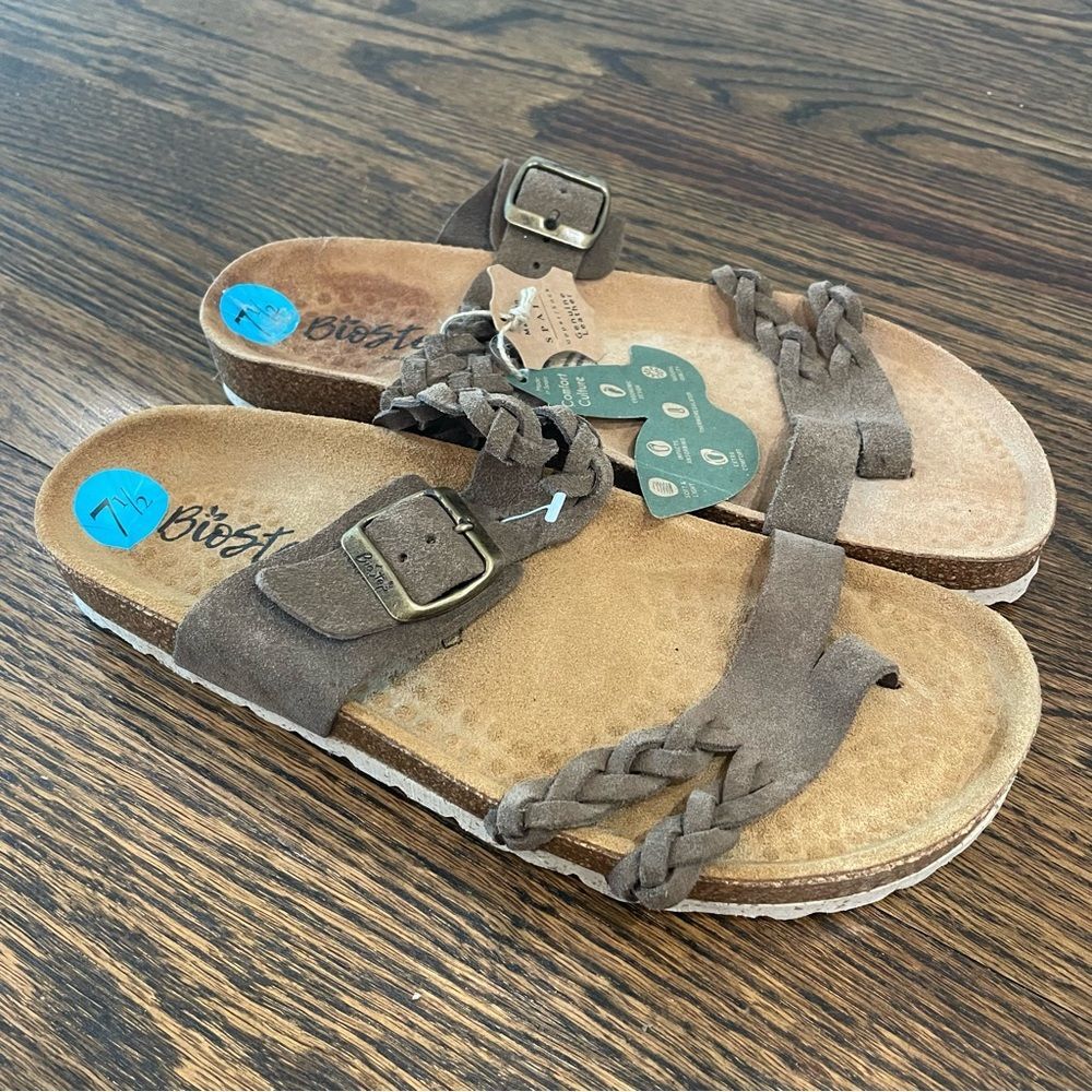 NWT BIOSTEP Brown Suede Leather Twisted Braided Buckle Strap Slip On Sandals